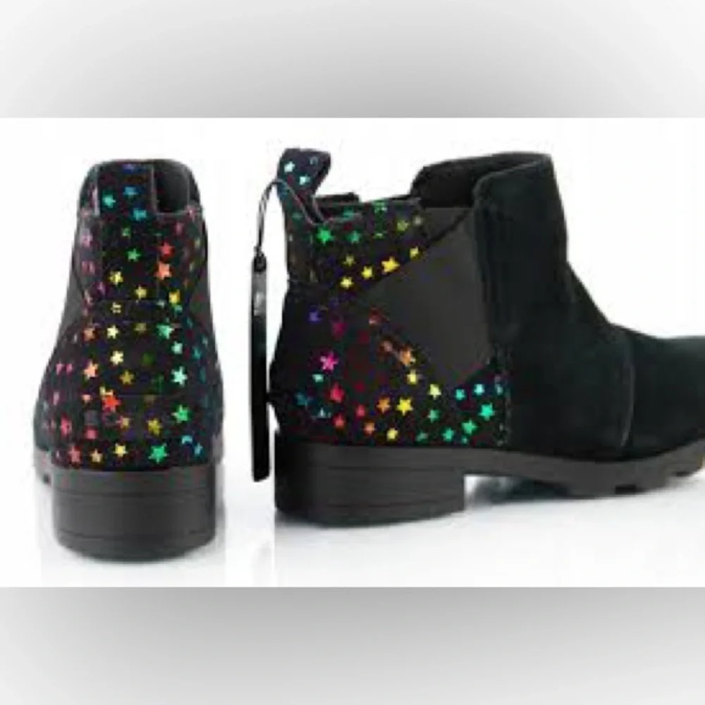 Sorel Youth Emelie Chelsea Booties Girl's Black Suede Rainbow Stars